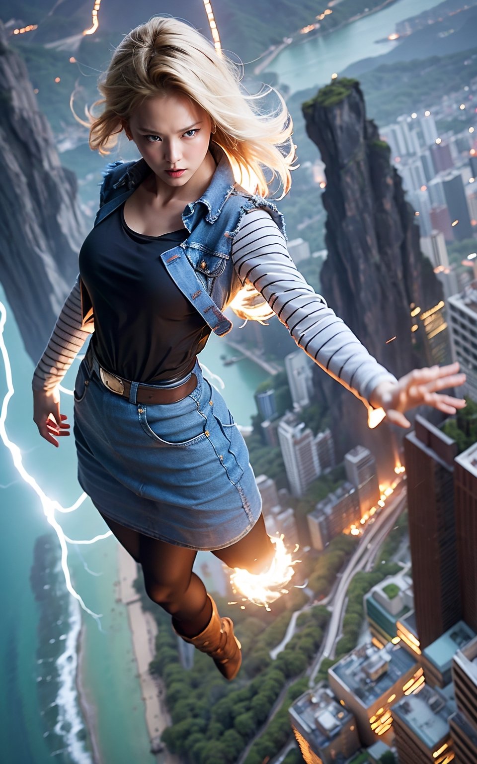 masterpiece, ultra realistic, 8K, Android_18_DB, full body, denim skirt, pantyhose, face focus, blond hair, look afar, top-down view,no gravity, she is weightlessness and flying through the buildings, cityscape, superwoman position,lighting, dramatic ball lightning between hands, thunder rings