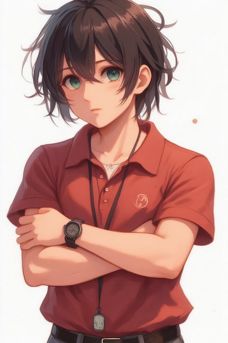 solo, looking at viewer, bangs, shirt, black hair, 1boy, hair between eyes, closed mouth, green eyes, upper body, short sleeves, male focus, collared shirt, red shirt, watch, wristwatch, lanyard, hand on own arm