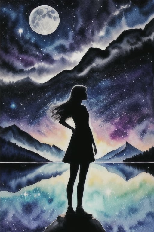 Envision a silhouette of a confident and determined girl, standing tall amidst a mesmerizing landscape of blue  dreamlike colors. Utilize watercolor effects to add a touch of magic and enchantment, symbolizing the power of imagination.glitter ,moon shine ,on lake