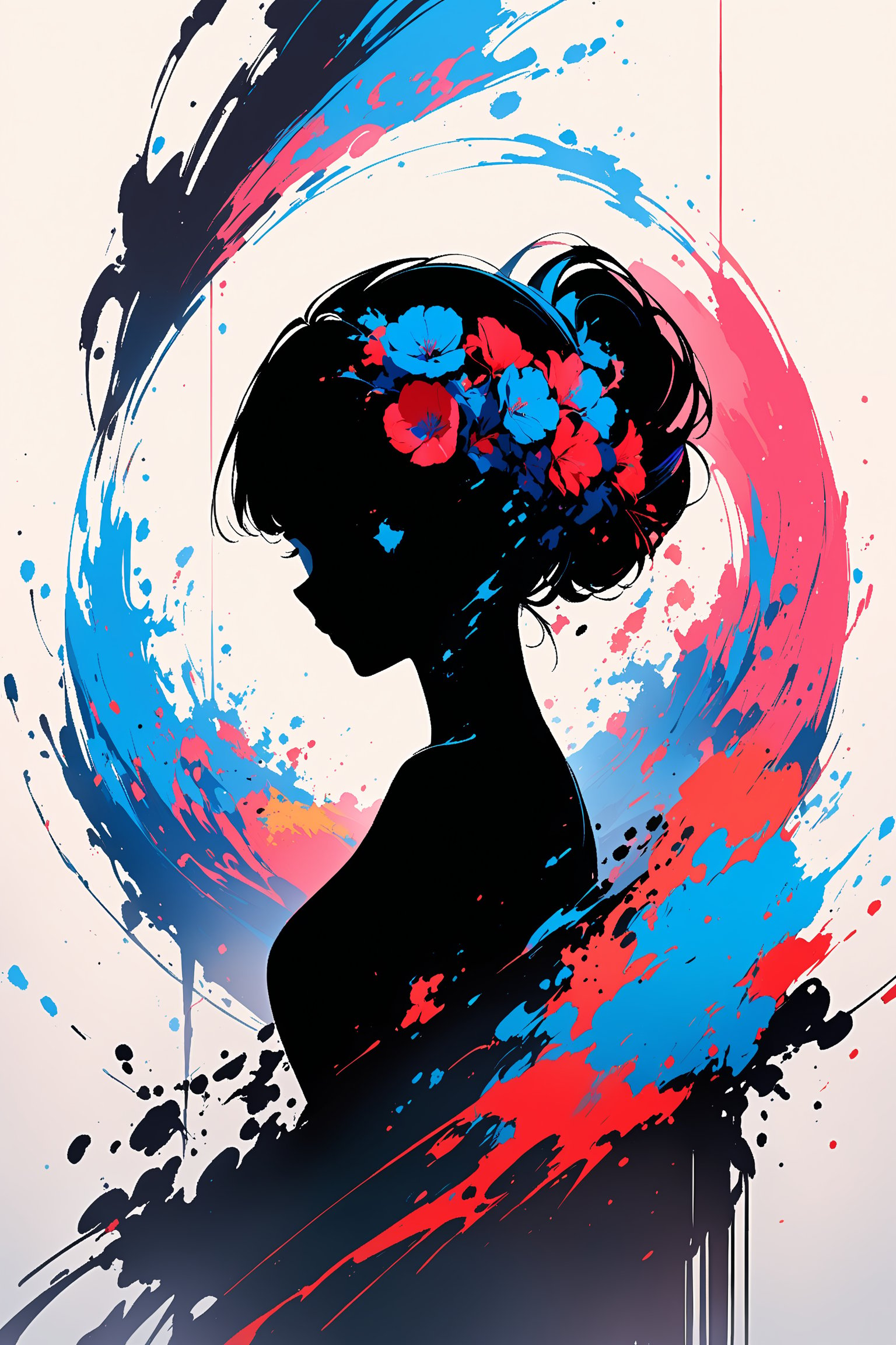 Silhouette of an elegant woman, upper body, colorful, graceful silhuette, graceful pose, front view, no showing face, white backlground, brushstrokes in background, looking at viewer, logo aesthetics, masterpiece quality, elegant hairstyle, ((black silhouette)), INK,blue color , red flower on her