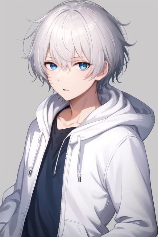 solo, looking at viewer, short hair, blue eyes, simple background, shirt, 1boy, white background, hair between eyes, jacket, white shirt, upper body, white hair, male focus, parted lips, hood, hood down