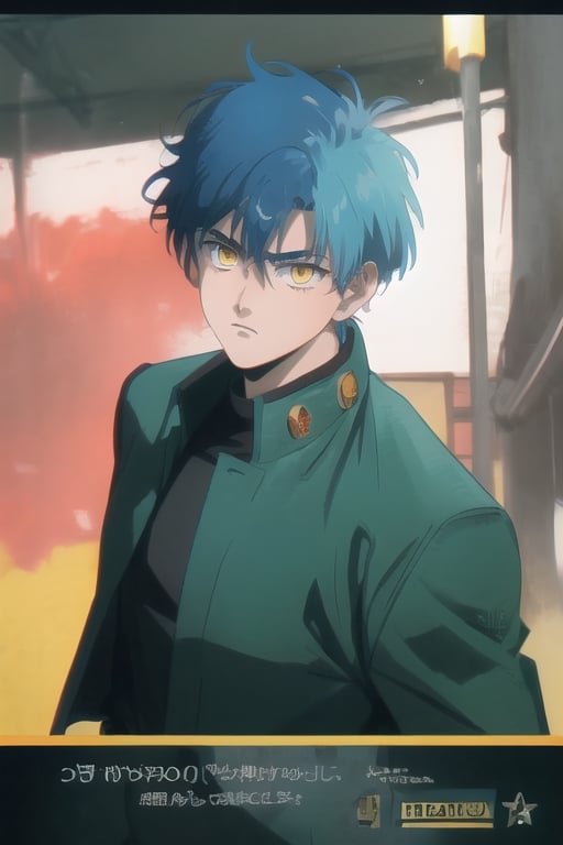 boy,male solo, short hair, blue hair, 1boy, yellow eyes, male focus, retro artstyle, 1990s \(style\), fake screenshot