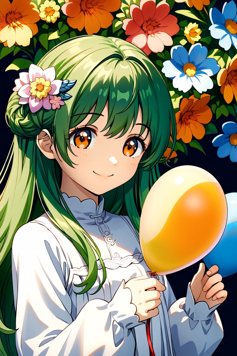 ,upper_body ,smile,
Cute girl, solo, smiling, close open, green hair, long hair ,light Orange eyes,holding a balloon. long sleeve,white dress, hair ornament,, simple background, oval shape behind the background, double exposure scene inside the oval shape, flowers, decorated thin frame,anime,fantasy girl,VNS_Add more details,Color,upper body