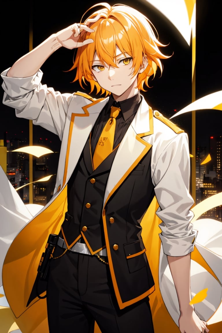 solo, light Orange hair, 1boy, hair between eyes, yellow eyes, male focus, wear suite, screenshot