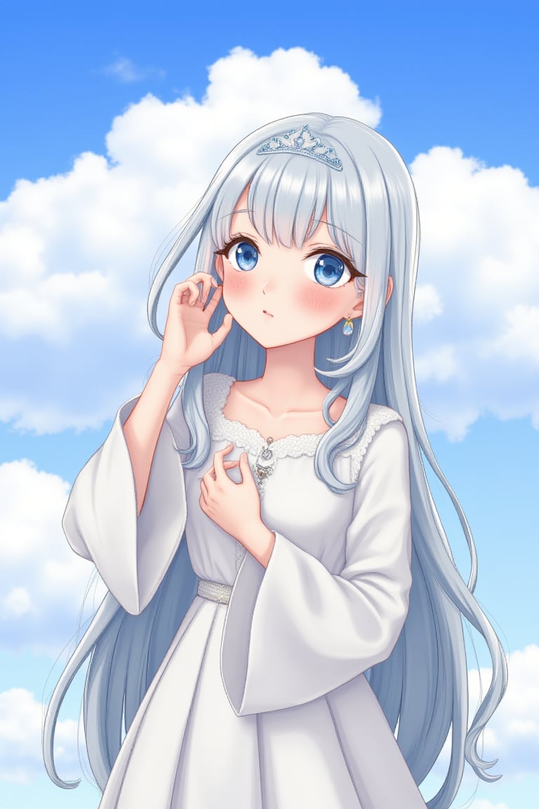 1girl, solo, long hair, looking at viewer, blush, bangs, blue eyes, gray hair, bob sleeves, hair between eyes, jewelry, collarbone, upper body, earrings, parted lips, sky, cloud, hand up, wide sleeves, blue sky, tiara, hand on own face,dress long sleeve 