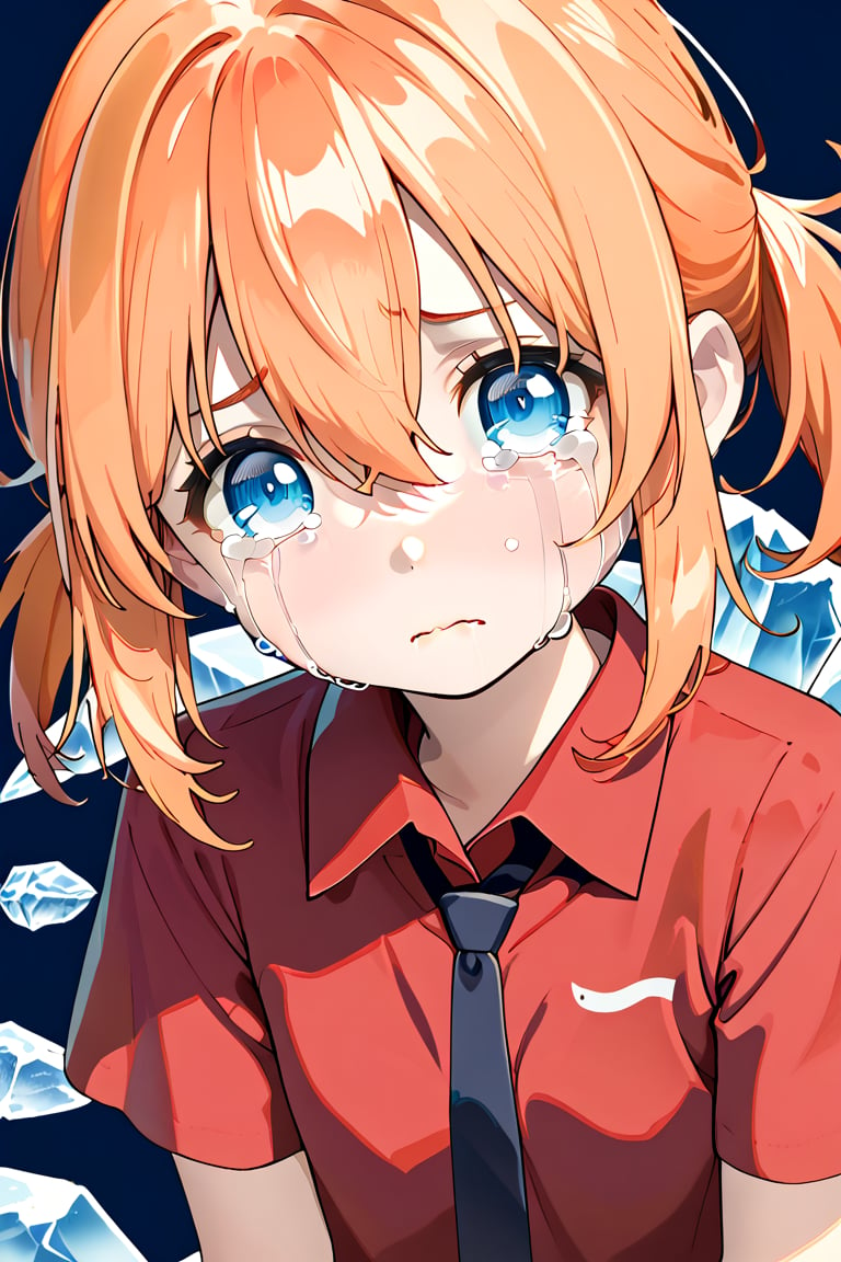 solo, looking at viewer, twin tail hair, bangs, shirt, 1girl, hair between eyes, closed mouth, light Orange hair, ice blue eyes, red shirt, female focus, collared shirt, tears, crying, crying with eyes open,upper body 