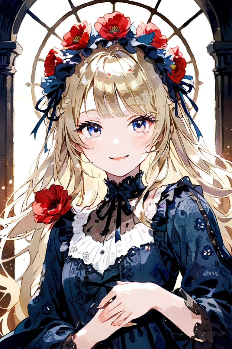 a girl with blonde long hair, wearing a blue dress with red flower crown, intricate details, highly detailed eyes, highly detailed mouth, cinematic image, lit by soft light, perfecteyes eyes, smile,
lolita dress,detailed cloth texture, detailed hair texture, 
masterpiece, top quality, aesthetic, 8K, 16K, 