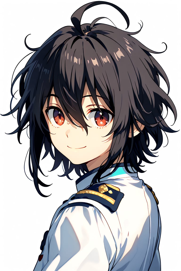 solo, looking at viewer, smile, red eyes, 1boy, white background, hair between eyes, closed mouth, upper body, ahoge, messy hair, black hair,male focus, looking back, uniform, transparent background