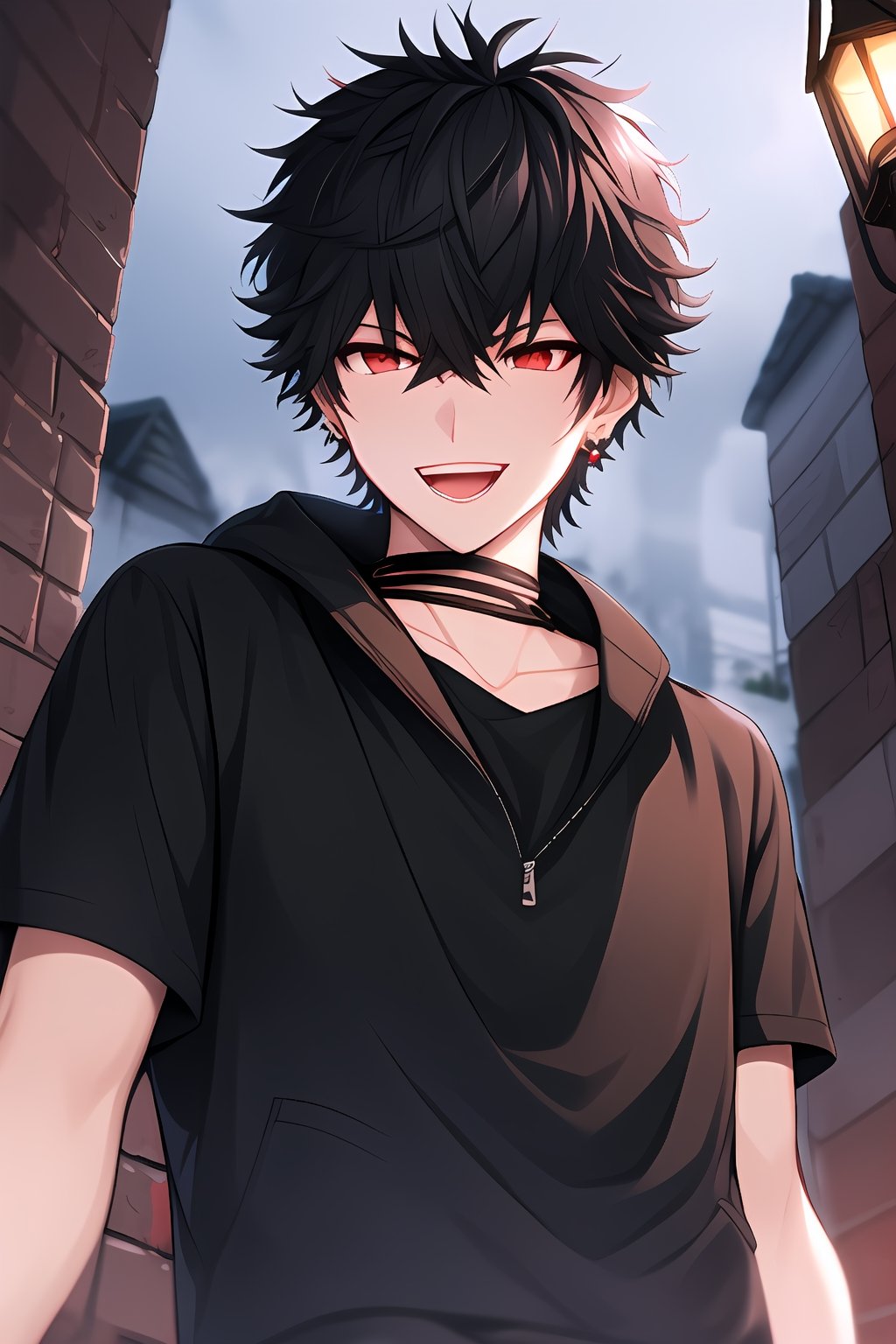 ultrahighres,masterpiece, best quality, Looking at viewer, 1boy, male_focus,siams_helios_heros_r,earring, black hair, red eyes,hair between eyes,spiky hair, short hair, upperbody, dark alley, night, from below, smile