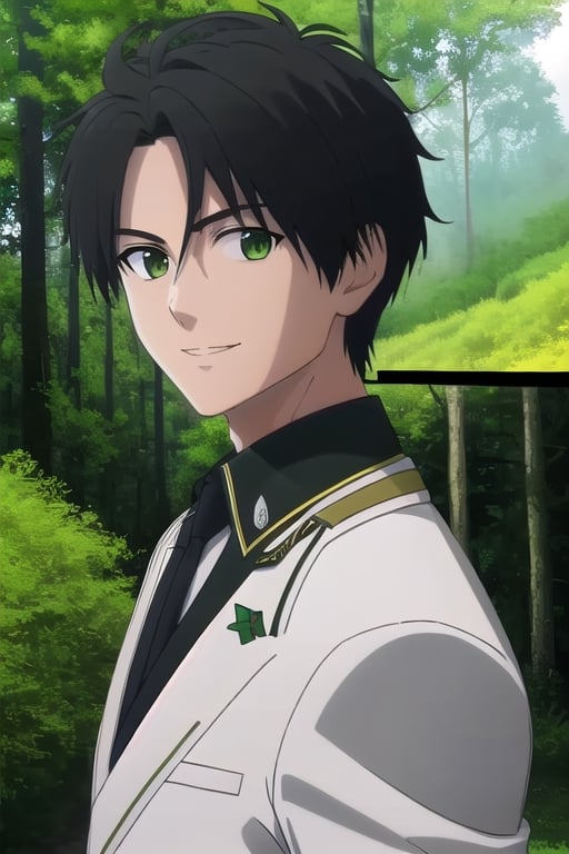 solo, looking at viewer, smile, short hair, 1boy, green eyes, upper body, male focus, black hair, outdoors, formal, white suit, nature, forest, bush, fake screenshot, phone screen,haruka 