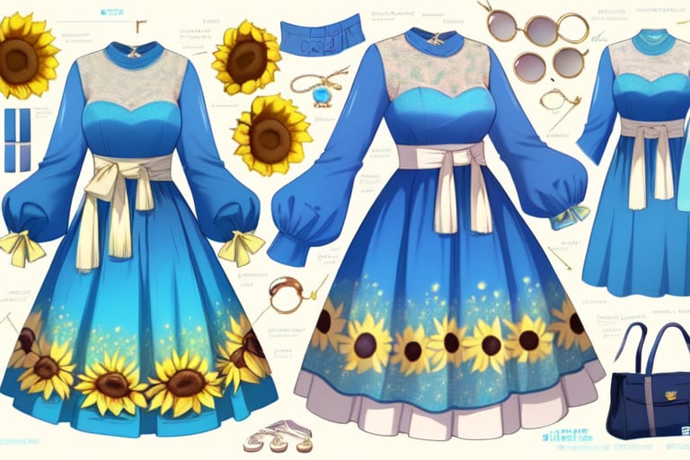 "Design a ball dress for a woman,blue dress, long sleeve ,sunflower on waist ,considering her vibrant personality and the cultural context. Provide a full image, including clothing details, accessories, and short hairstyle. Ensure the outfit is comfortable yet stylish, simple background. Incorporate elements that reflect her individuality and preferences, keeping in mind current fashion trends.",the dresses hanging in closet,no humen 