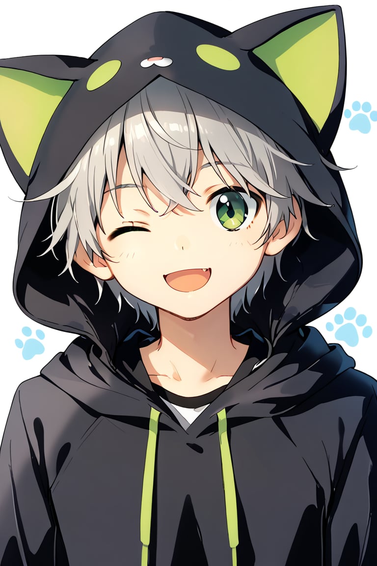 solo, looking at viewer, smile, open mouth, gray hair, 1boy, green eyes, upper body, male focus, one eye closed, hood, hoodie, ;d, animal hood, cat hood