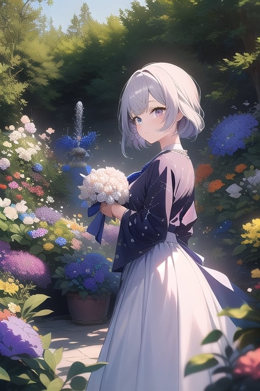 , in a garden, ,wear purple long shirt ,wear white long skirt  , look at viewers, hold a flower,portrait,sangonomiya kokomi (sparkling coralbone)