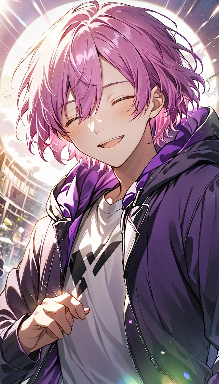 smile, short hair, open mouth, shirt, long sleeves, 1boy, holding, jacket, closed eyes, upper body, pink hair, purple hair, :d, male focus, hood, hoodie, hood down, lens flare