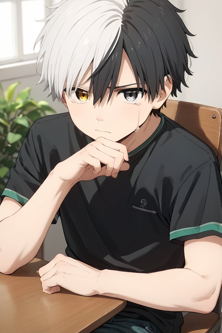 1boy, solo, looking at viewer, short hair,  hair between eyes, closed mouth, , crying, close-up, kid ,5 years old,sit on chair,score_9,score_8_up,score_7_up,score_6_up,score_5_up,score_4_up,source_anime,BREAK,Sakura_Haruka,multicolored hair,split-color hair,black hair,white hair,heterochromia,grey eyes,yellow eyes