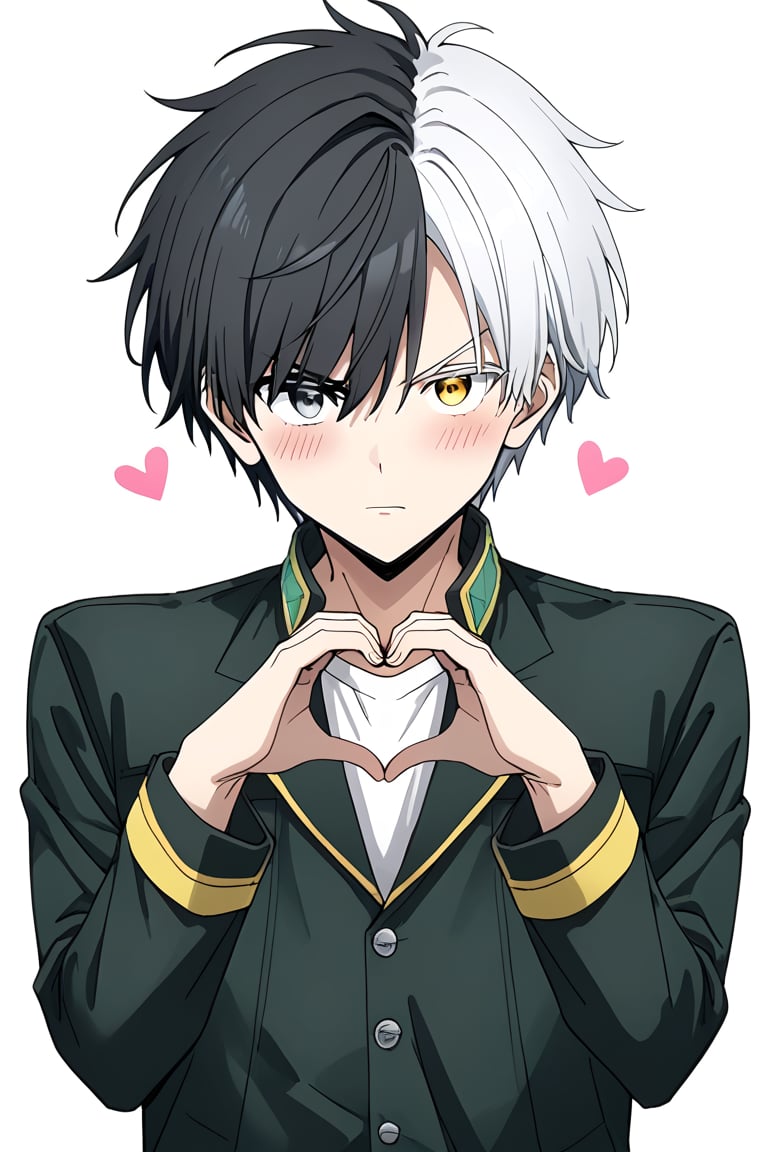 solo, looking at viewer, blush, short hair, bangs, blue eyes, simple background, shirt, black hair, long sleeves, 1boy, white background, closed mouth, jacket, yellow eyes, white shirt, upper body, white hair, male focus, heart, multicolored hair, two-tone hair, v-shaped eyebrows, grey eyes, heterochromia, green jacket, heart hands