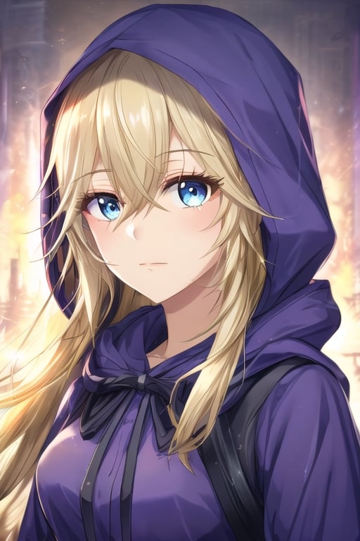 solo, blue eyes,long blonde hair, shirt, 1girl, hair between eyes, closed mouth, Orange eyes, female focus, hood, portrait, purple dress,