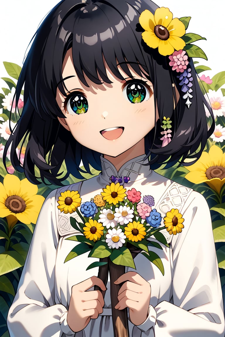 ,upper_body ,smile,
Cute girl, solo, smiling, mouth open, black hair, lomg hair ,light broen eyes,holding a board with flower . long sleeve,white dress, hair ornament,, simple background, oval shape behind the background, double exposure scene inside the oval shape, flowers, decorated thin frame,anime,fantasy girl,VNS_Add more details,Color,upper body