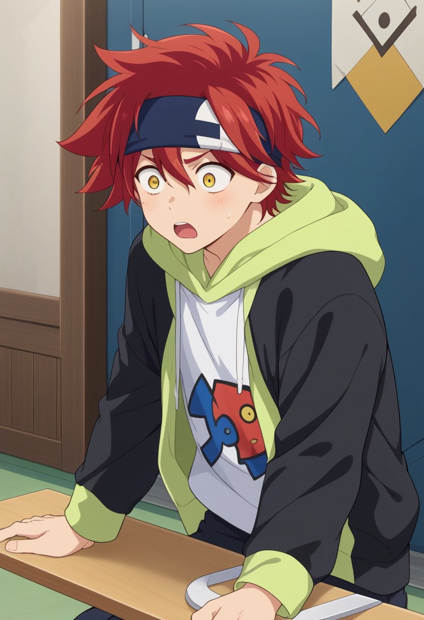  white shirt, green hoodie, messy hair, yellow eyes, red hair, solo, 1boy,reki kyan, blue headband,look shocked,sceard,pale face,hold a broken skate board 