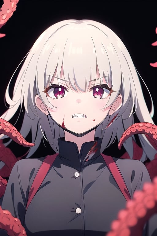 (1girl) portrait, best quality, ultra high res, ultra detailed, black and red, high contrast color tone, extremely detailed lighting, cinematic lighting, soft lights, (masterpiece, high quality:1.4), (kaneki ken, black hair, white hair, red and black eye, mask | teeth, blood eyes, black clothes, scorpio tentacles), , , blood, , black background, thrilling, (fierce face),kaneki ken