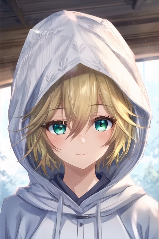 solo, blue eyes, blonde hair, shirt, 1girl, hair between eyes, closed mouth, green eyes, female focus, hood, portrait, white dress,hood up, ,hiro_segawa