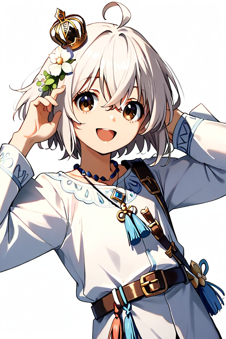 solo, looking at viewer, smile, short hair, open mouth, bangs, simple background, shirt, long sleeves, 1girl, white background, hair between eyes, brown eyes, jewelry, white shirt, upper body, flower, ahoge, white hair, male focus, cowboy shot, belt, necklace, crown, white flower, tassel, mini crown