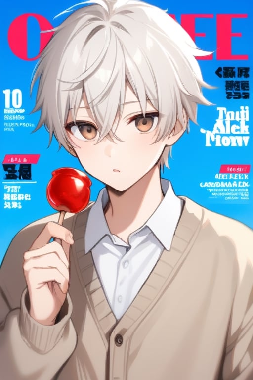 solo, close mouth, bangs, shirt, long sleeves, 1boy, holding, hair between eyes, brown eyes, white shirt, upper body, white hair, male focus, food, sweater, cardigan, holding food, candy, lollipop, holding candy, candy apple, holding lollipop,magazine cover 