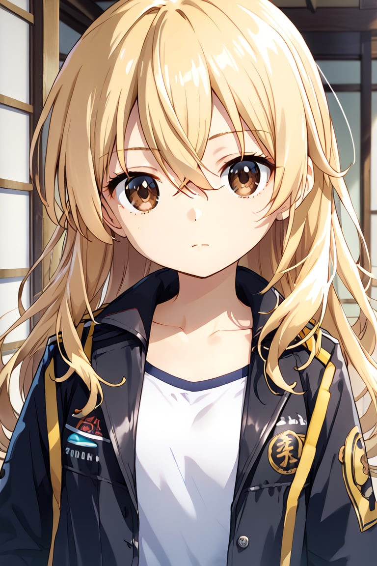 1girl, solo, long hair, looking at viewer, bangs, blonde hair, hair between eyes, brown eyes, closed mouth, collarbone, jacket, upper body, open clothes, open jacket, black jacket, sarashi