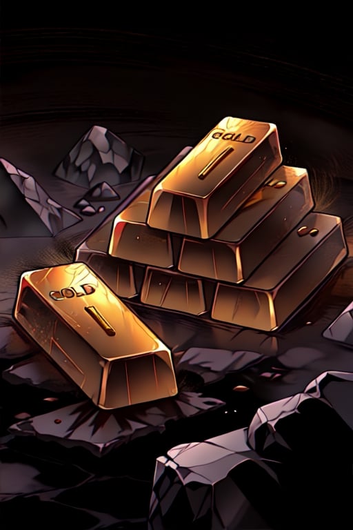 (gold bars), (yugioh style), (nodf_lora), outline, (dark rock background)