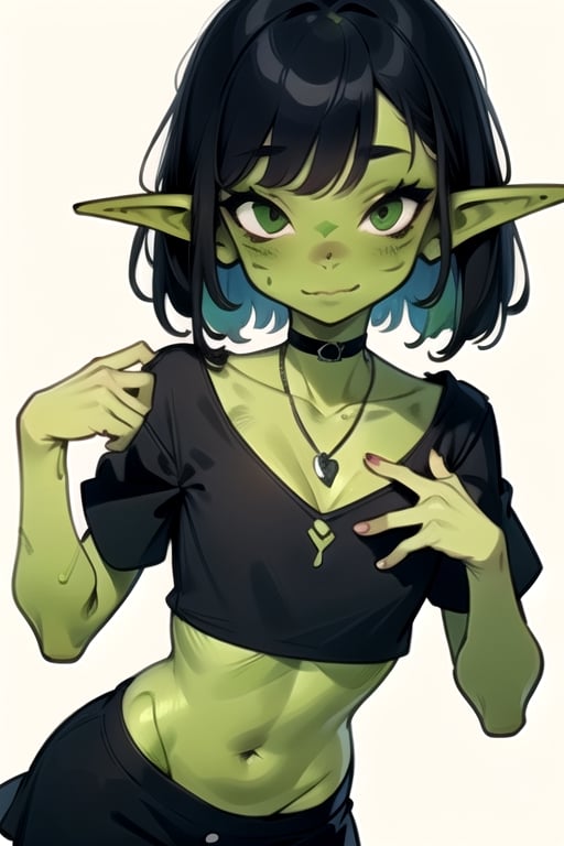 ((goblin girl)), green skin, colored green skin, black top and a necklace, 1girl,, solo, piercing, navel, black hair, jewelry, ear piercing, cleavage, tattoo, larges, shirt, black shirt, skirt, looking at viewer, crop top, short sleeves, midriff, makeup, multicolored hair, collarbone, bangs, gothic, hand up, choker, black eyes, purple hair , illustration, textures,PAINTING, DRAW, SKETCH,illustration, textures, almond eyes, eyeleash, cartoonish, face, character,vibrant vector, flat design, flat art, minimal, simple 2d vector, flat palette vector, (girl), soft face,