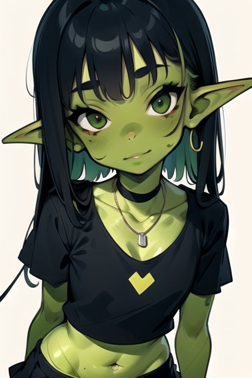 ((goblin girl)), green skin, colored green skin, black top and a necklace, 1girl,, solo, piercing, navel, black hair, jewelry, ear piercing, cleavage, tattoo, larges, shirt, black shirt, skirt, looking at viewer, crop top, short sleeves, midriff, makeup, multicolored hair, collarbone, bangs, gothic, hand up, choker, black eyes, purple hair , illustration, textures,PAINTING, DRAW, SKETCH,illustration, textures, almond eyes, eyeleash, cartoonish, face, character,vibrant vector, flat design, flat art, minimal, simple 2d vector, flat palette vector, (girl), soft face,