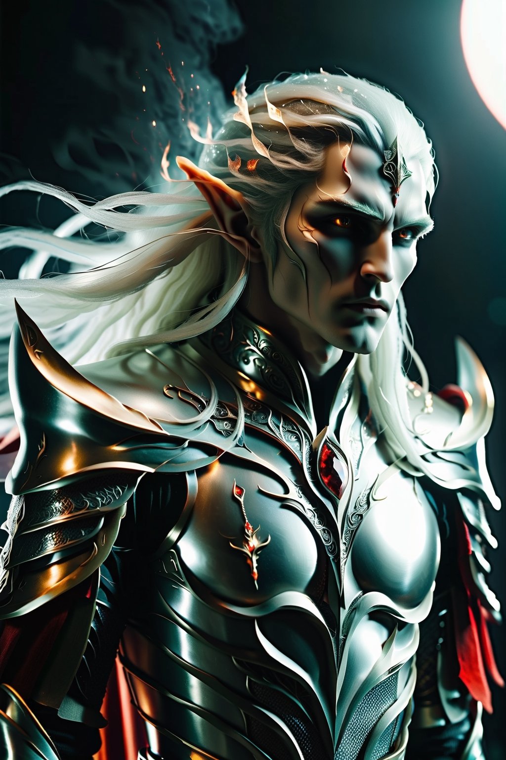 hyper realistic image of a male dark elf, White-skinned elf androgynous man with long silver hair and black eyes, 20 years old, wearing super realistic shiny black and gold armor, long sword in hand, battling a thousand fire demons on a red moon night while snowing, where red and black predominate. More detail XL,LegendDarkFantasy, another bored detail, cinematic scene,DonMB4nsh33XL ,more detail XL,DonM3lv3sXL