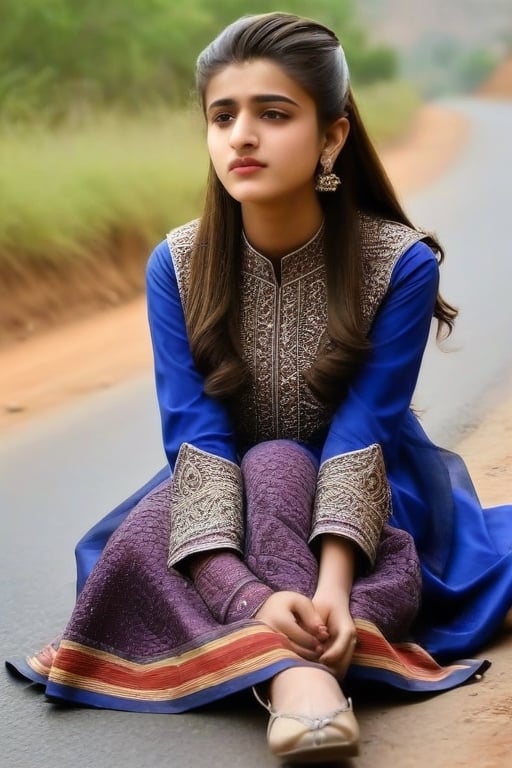 21 old pakistani girl wearing western dress sit in the side of road