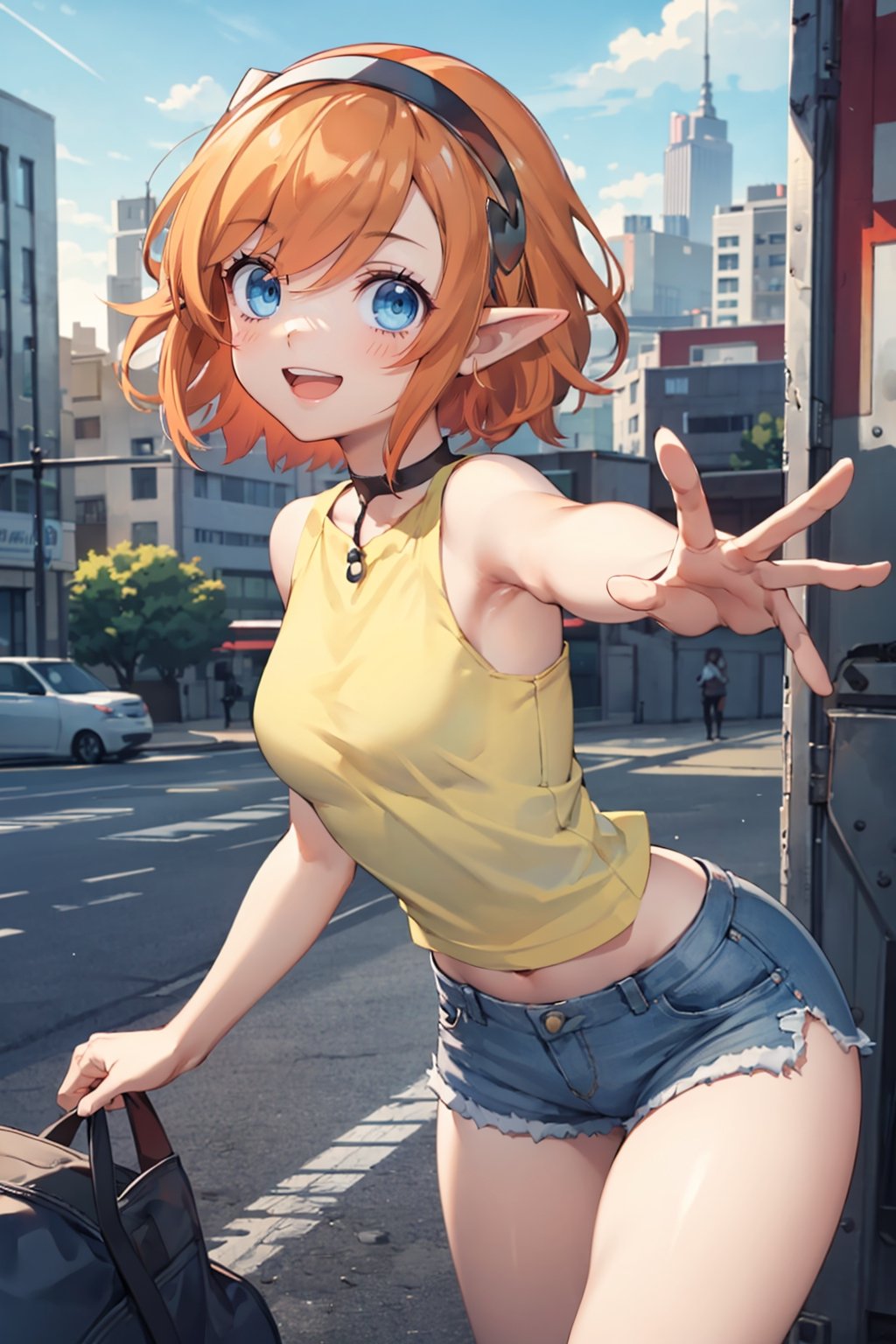 masterpiece, 1girl, cowboy shot, looking at viewer, smile, open mouth, gallicamr, short hair, hairband, pointy ears, short shorts, tank top, medium breasts, excited, action shot, street, cityscape, sky