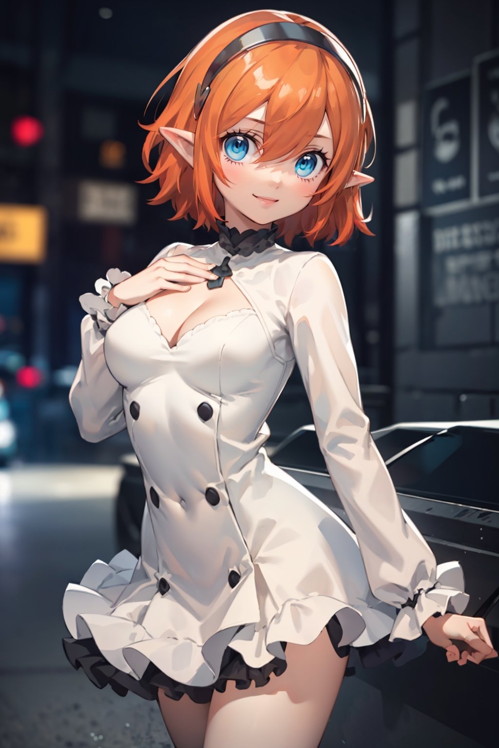 masterpiece, 1girl, cowboy shot, looking at viewer, smile, gallicamr, short hair, hairband, pointy ears, dress, medium breasts, cleavage cutout, long sleeves, frills