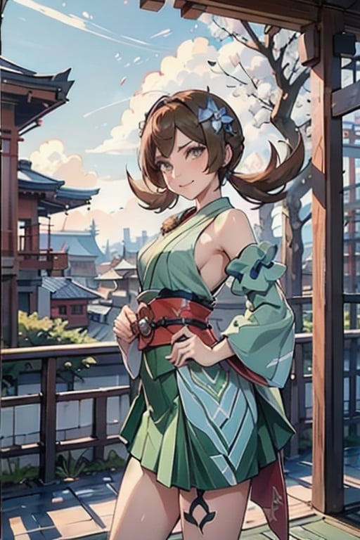 Extremely Realistic, high_res,

smile,  panties, mature_woman, 27 years old, stern expression, frustrated, disappointed, flirty pose, sexy, looking at viewer, scenic view, REALISTIC, Masterpiece, high_res, best quality, 

 ly02, hair flower, blue flower, twintails, detached sleeves, green dress, bare shoulders, green skirt, eyelashes, hairband,

Japanese temple rooftop,