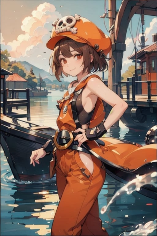 Extremely Realistic, high_res,

smile,  panties, mature_woman, 27 years old, stern expression, frustrated, disappointed, flirty pose, sexy, looking at viewer, scenic view, REALISTIC, Masterpiece, high_res, best quality, 


bbmay,pirate hat,skull and crossbones,brown eyes,long hair,small breasts,(orange shirt:1.2),sleeveless,midriff,fingerless gloves,pants,pants rolled up,belt,ankle boots,

pirate ship background, ocean, harbor