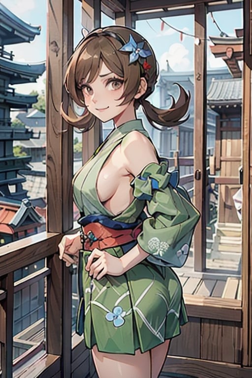 Extremely Realistic, high_res,

smile,  panties, mature_woman, 27 years old, stern expression, frustrated, disappointed, flirty pose, sexy, looking at viewer, scenic view, REALISTIC, Masterpiece, high_res, best quality, 

 ly02, hair flower, blue flower, twintails, detached sleeves, green dress, bare shoulders, green skirt, eyelashes, hairband,

Japanese temple rooftop, ass