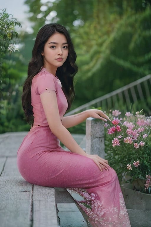 20 years old girl,{{best quality}}, {{masterpiece}}, {{ultra-detailed}}, {illustration}, {detailed light}, {an extremely delicate and beautiful}, messy floating hair, pink dress, standing and looking at the viewer,  feminine , depth of field,acmm ss outfit,Myanmar.view from side, perfect buttock.full body.,perfect,masterpiece,Myanmar,milf,Mai Davika Hoorne