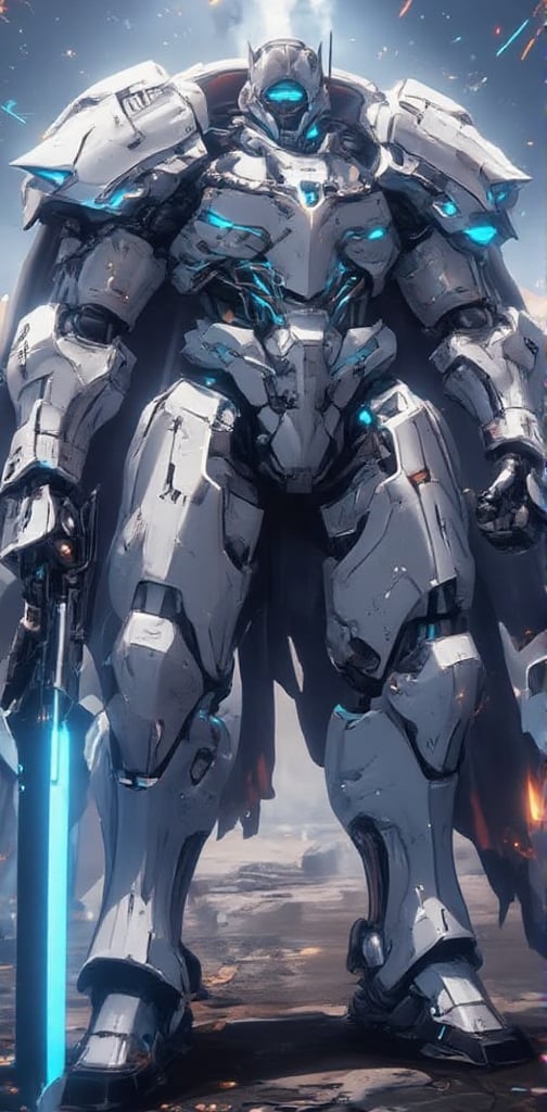 Create a hyper-realistic image of a powerful cybernetic knight with a bulky, muscular frame. The knight's armor is thick and heavily reinforced, emphasizing strength and size. His chest plate is broad, with large, angular sections of metallic white armor, accented by glowing blue circuitry running through the design. His arms are massive, with overgrown mechanical muscles beneath the sleek white armor, and glowing blue joints highlighting his enhanced physical power.

The knight's legs are also heavily armored, giving him a solid, unshakable appearance, and his stance conveys an imposing, unstoppable force. In one hand, he grips a massive, high-tech sword of glowing blue energy. The blade is thick, with energy pulsating down its length, matching the intensity of the glowing accents on his armor. His helmet is sharp and futuristic, with a glowing blue visor hiding his face, adding to his intimidating appearance.

Set the scene on a futuristic battlefield, with sparks of energy in the background, casting light on his buff, mechanical physique. Emphasize the detailed textures of the armor, the reflections of light on his bulked-up frame, and the realistic interplay of shadows and glowing blue energy. The overall design should make him appear as an unstoppable force, combining brute strength with advanced technology