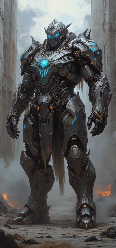 An ultra-detailed, imposing armored warrior in a majestic, futuristic design. The warrior is clad in intricate metallic armor with glowing blue accents and sharp, angular edges. The armor is decorated with ornate patterns, spikes on the shoulders, and large, powerful gauntlets. A glowing emblem on the chest radiates energy, and the armor has a reflective metallic finish with subtle blue highlights. The background is a cloudy, ethereal sky, with pillars or structures that emphasize a divine, otherworldly setting. Lighting captures the reflective metal surfaces, giving a sense of grandeur and strength