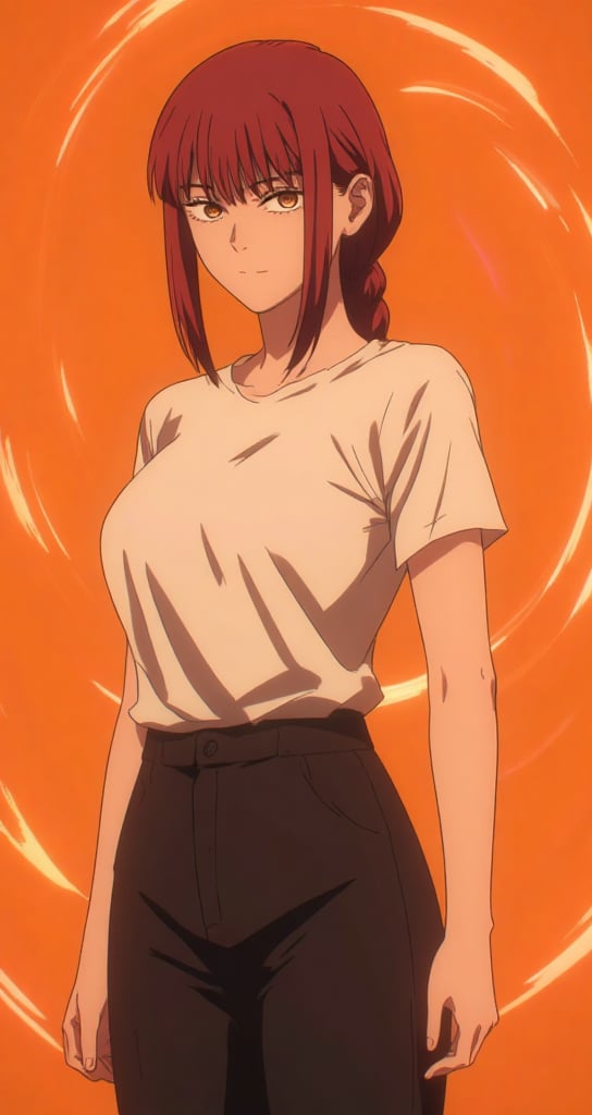 Create an anime-style image of Makima, a woman with sharp yet calm facial features, standing confidently. She is dressed in casual wear—a simple white T-shirt and black pants, giving her a relaxed look. Her hair is styled in a loose and natural way. The background is a vibrant orange, providing a bold contrast to her calm demeanor. Surrounding her are faint red glowing waves, gently swirling around her, adding an air of subtle mystery and power. The image should have good detailing, with smooth shading and sharp outlines typical of anime art