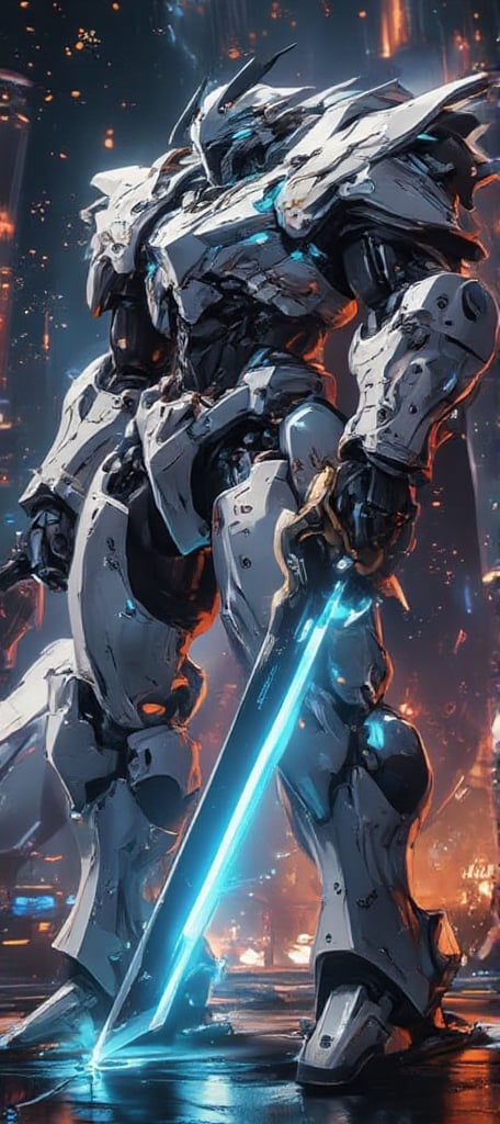 Create a hyper-realistic image of a powerful cybernetic knight with a bulky, muscular frame. The knight's armor is thick and heavily reinforced, emphasizing strength and size. His chest plate is broad, with large, angular sections of metallic white armor, accented by glowing blue circuitry running through the design. His arms are massive, with overgrown mechanical muscles beneath the sleek white armor, and glowing blue joints highlighting his enhanced physical power.

The knight's legs are also heavily armored, giving him a solid, unshakable appearance, and his stance conveys an imposing, unstoppable force. In one hand, he grips a massive, high-tech sword of glowing blue energy. The blade is thick, with energy pulsating down its length, matching the intensity of the glowing accents on his armor. His helmet is sharp and futuristic, with a glowing blue visor hiding his face, adding to his intimidating appearance.

Set the scene on a futuristic battlefield, with sparks of energy in the background, casting light on his buff, mechanical physique. Emphasize the detailed textures of the armor, the reflections of light on his bulked-up frame, and the realistic interplay of shadows and glowing blue energy. The overall design should make him appear as an unstoppable force, combining brute strength with advanced technology