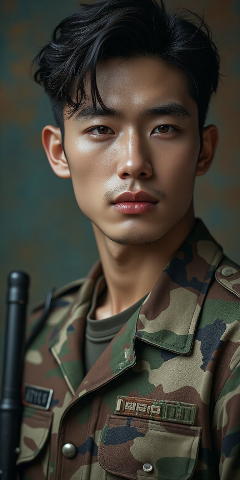 A beautiful cute Handsome korean male gay model,  soldier with a camuflage uniform,  on the cover of a magazine titled "Ko...