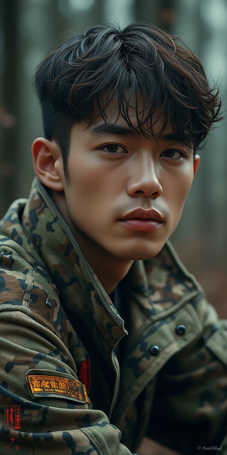 A beautiful cute Handsome korean male gay model,  soldier with a camuflage uniform,  on the cover of a magazine titled "Ko...