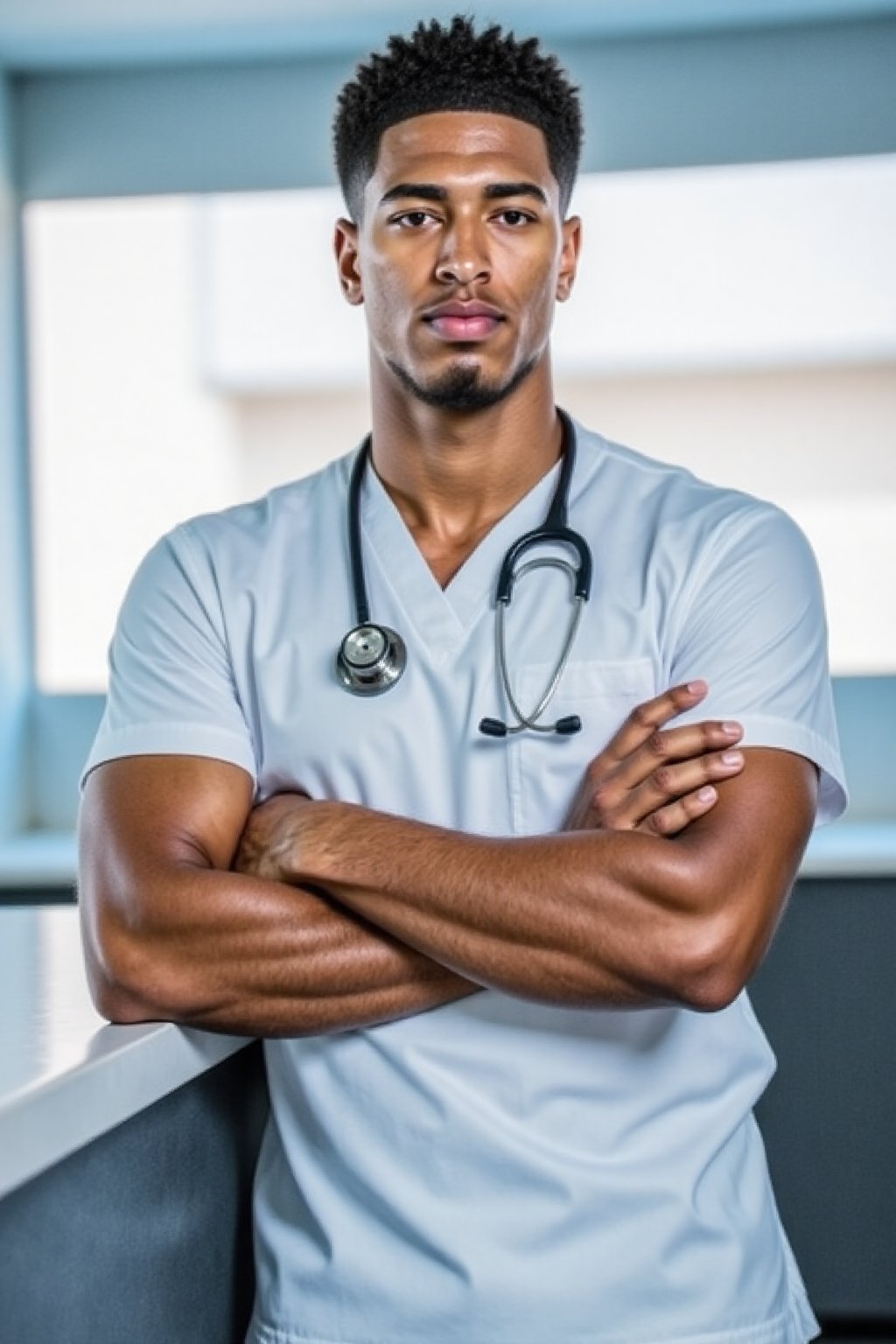 Dr. Jude Bellingham, a seasoned medic, stands confidently in a sterile hospital setting, dressed in crisp white scrubs and a stethoscope around his neck. Soft, natural light pours in through the window, illuminating his rugged features and detailed skin pores. The camera captures him from a cinematic angle, showcasing his athletic build as he leans against the counter, arms crossed. In UHD resolution, every pore, every hair is meticulously rendered, giving the image an ultra-realistic feel. The 8K quality ensures a breathtaking level of detail, making it seem like you're right there in the operating room with him.