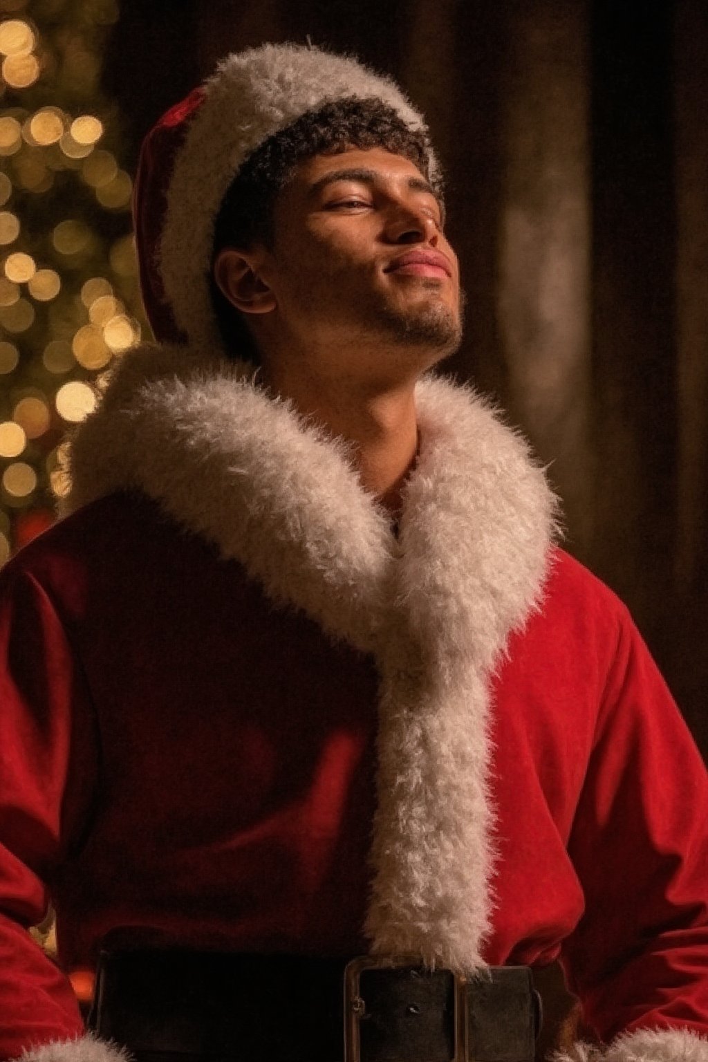 A warm and inviting studio setup captures Jude Bellingham's joyful moment as he bursts into laughter, snapping a candid photo from a dynamic side angle. His Santa Claus costume gleams under the soft glow of natural light, illuminating his upper body. The blurred background allows the viewer's focus to remain on Jude's infectious smile, while the UHD image quality showcases every detail of his joyful expression.