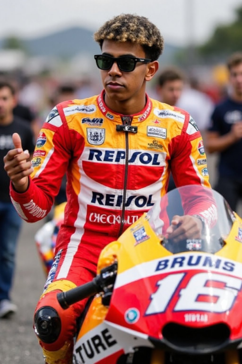 Lamine Yamal is wearing a MotoGP suit, he is seen sitting on his motorbike from Repsol, he is seen looking at the audience while doing a finger pose.