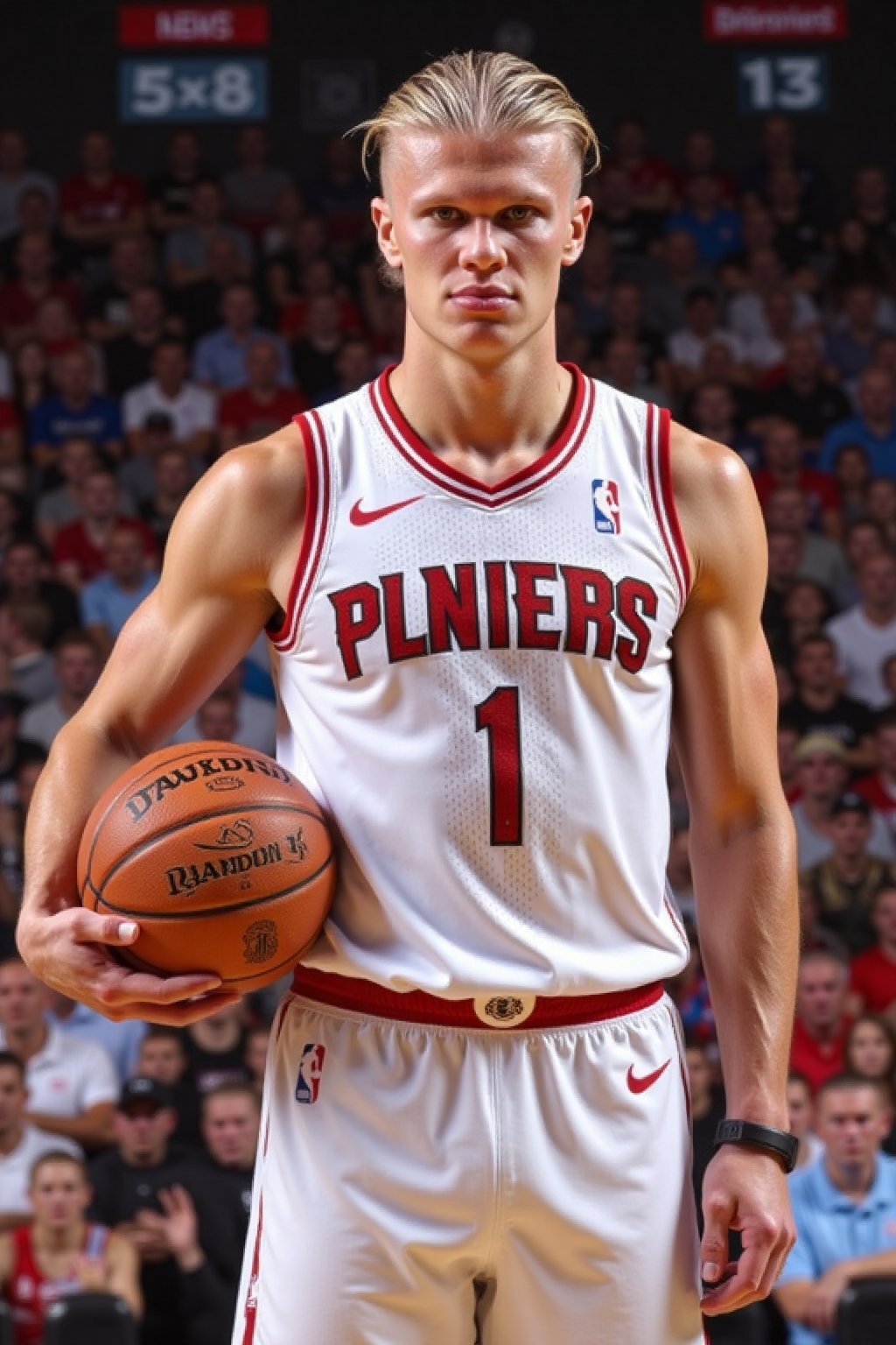 Erling Halland,solo, looking at viewer, 1boy, holding, jewelry, male focus, shorts, bracelet, white shorts, sportswear, realistic, holding basketball, basketball uniform, realistic, UHD, perfect lighting, 8k, natural lighting 