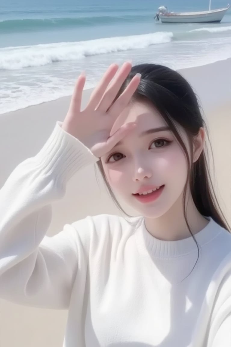 This is a high-resolution, casual half body portrait photo. The subject of the photo is a young woman wearing a white sweater. She has black hair hanging over her shoulders. She raised her right hand, blocking the sunlight as if enjoying the sea view. The background shows the beach and the ocean, with waves crashing against the coast and a small boat anchored on the beach.